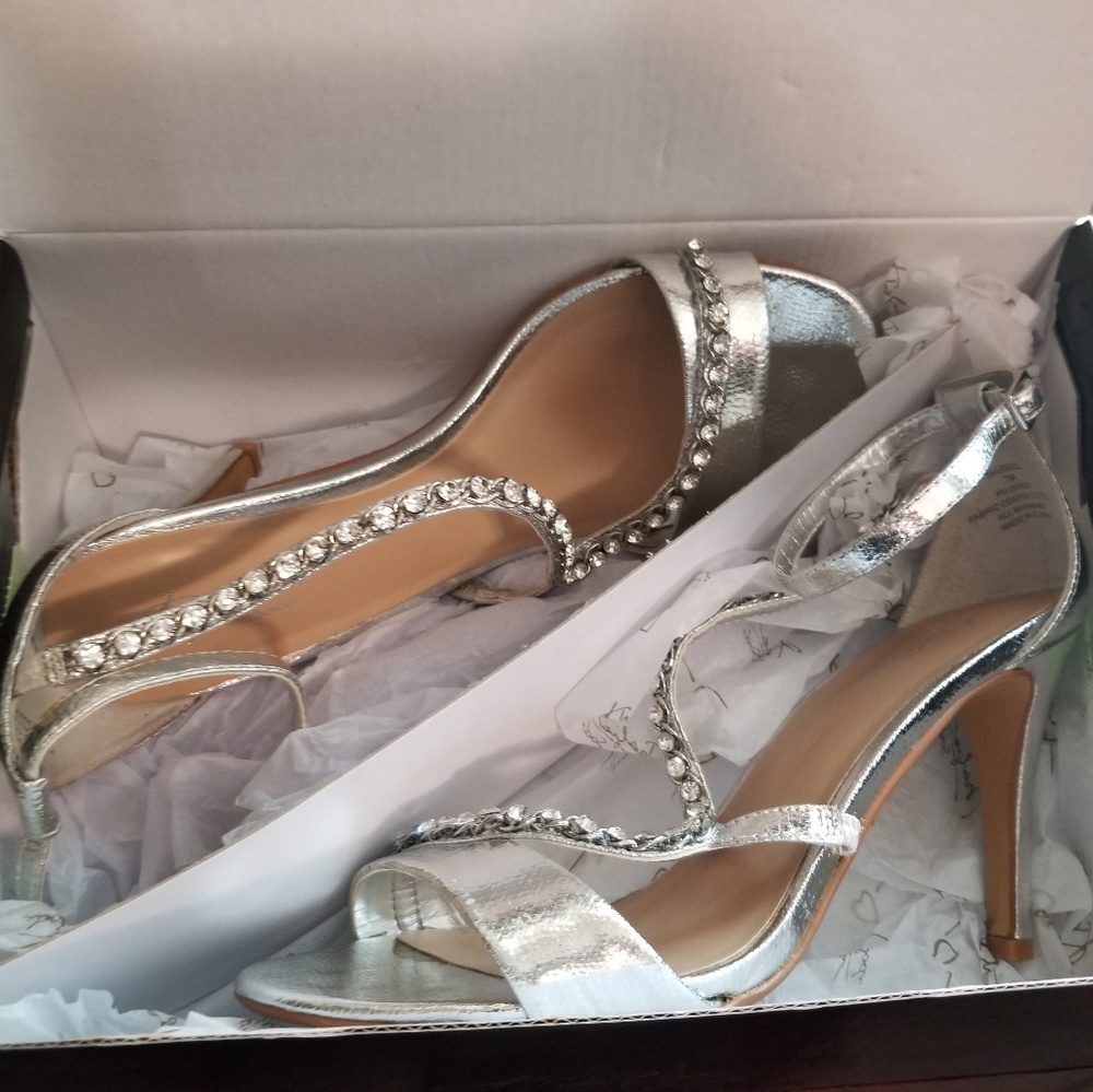 Thalia brand- Silver and rhinestoned strappy heels